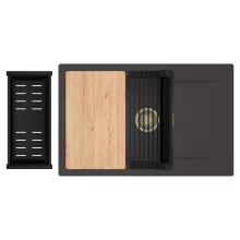 HD Onyx Antracit 78-XL egymedencés gránit mosogatótálca szett, csepegtetőtálcával, vágódeszkával, matt fekete csepegtetőráccsal és kosárral, matt antracit színben, szálcsiszolt arany leeresztő szifonnal