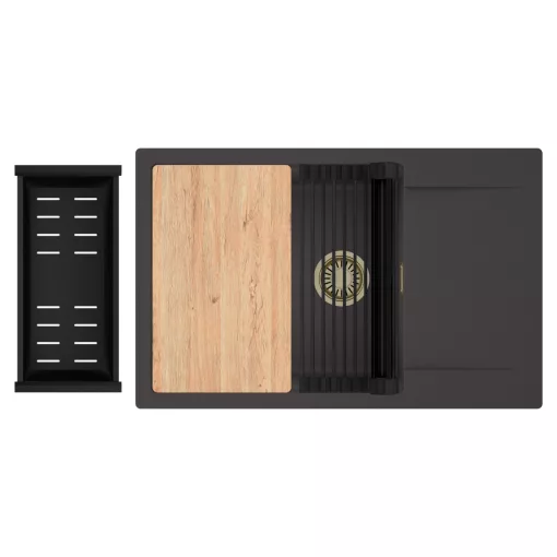 HD Onyx Antracit 78-XL egymedencés gránit mosogatótálca szett, csepegtetőtálcával, vágódeszkával, matt fekete csepegtetőráccsal és kosárral, matt antracit színben, szálcsiszolt arany leeresztő szifonnal