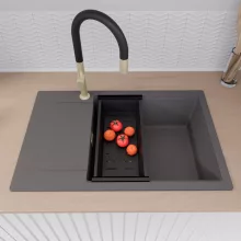 HD Onyx Antracit 78-XL egymedencés gránit mosogatótálca szett, csepegtetőtálcával, vágódeszkával, matt fekete csepegtetőráccsal és kosárral, matt antracit színben, szálcsiszolt arany leeresztő szifonnal