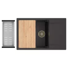 HD Onyx Antracit 78-XL egymedencés gránit mosogatótálca szett, csepegtetőtálcával, vágódeszkával, matt fekete csepegtetőráccsal és krómozott kosárral, matt antracit színben, szálcsiszolt arany leeresztő szifonnal