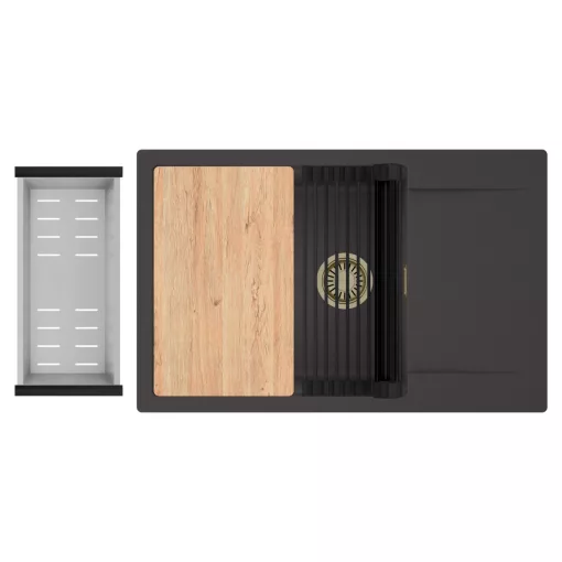 HD Onyx Antracit 78-XL egymedencés gránit mosogatótálca szett, csepegtetőtálcával, vágódeszkával, matt fekete csepegtetőráccsal és krómozott kosárral, matt antracit színben, szálcsiszolt arany leeresztő szifonnal