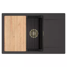 HD Onyx Antracit 78-XL egymedencés gránit mosogatótálca szett, csepegtetőtálcával, vágódeszkával, matt fekete csepegtetőráccsal, matt antracit színben, szálcsiszolt arany leeresztő szifonnal