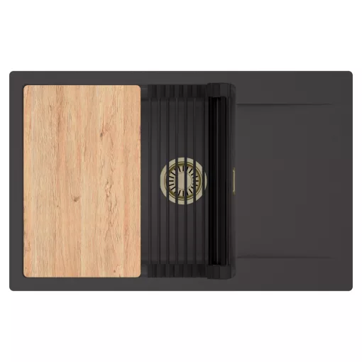 HD Onyx Antracit 78-XL egymedencés gránit mosogatótálca szett, csepegtetőtálcával, vágódeszkával, matt fekete csepegtetőráccsal, matt antracit színben, szálcsiszolt arany leeresztő szifonnal