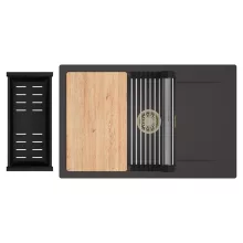 HD Onyx Antracit 78-XL egymedencés gránit mosogatótálca szett, csepegtetőtálcával, vágódeszkával, acél csepegtetőráccsal és matt fekete kosárral, matt antracit színben, szálcsiszolt arany leeresztő szifonnal