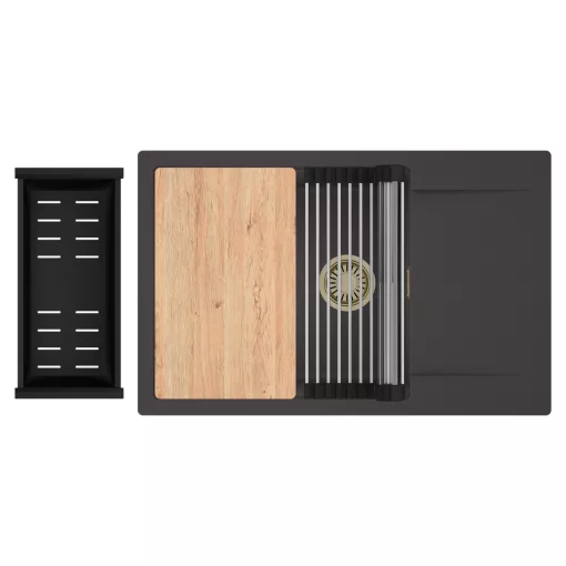 HD Onyx Antracit 78-XL egymedencés gránit mosogatótálca szett, csepegtetőtálcával, vágódeszkával, acél csepegtetőráccsal és matt fekete kosárral, matt antracit színben, szálcsiszolt arany leeresztő szifonnal
