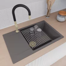 HD Onyx Antracit 78-XL egymedencés gránit mosogatótálca szett, csepegtetőtálcával, vágódeszkával, acél csepegtetőráccsal és matt fekete kosárral, matt antracit színben, szálcsiszolt arany leeresztő szifonnal