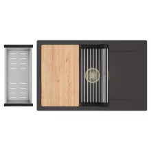 HD Onyx Antracit 78-XL egymedencés gránit mosogatótálca szett, csepegtetőtálcával, vágódeszkával, acél csepegtetőráccsal és kosárral, matt antracit színben, szálcsiszolt arany leeresztő szifonnal