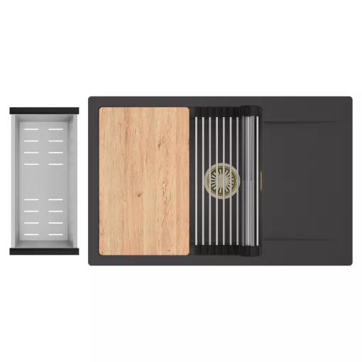 HD Onyx Antracit 78-XL egymedencés gránit mosogatótálca szett, csepegtetőtálcával, vágódeszkával, acél csepegtetőráccsal és kosárral, matt antracit színben, szálcsiszolt arany leeresztő szifonnal