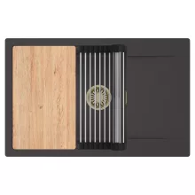 HD Onyx Antracit 78-XL egymedencés gránit mosogatótálca szett, csepegtetőtálcával, vágódeszkával, acél csepegtetőráccsal, matt antracit színben, szálcsiszolt arany leeresztő szifonnal