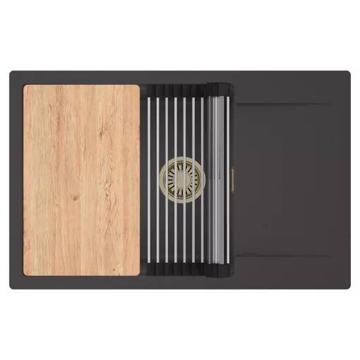 HD Onyx Antracit 78-XL egymedencés gránit mosogatótálca szett, csepegtetőtálcával, vágódeszkával, acél csepegtetőráccsal, matt antracit színben, szálcsiszolt arany leeresztő szifonnal