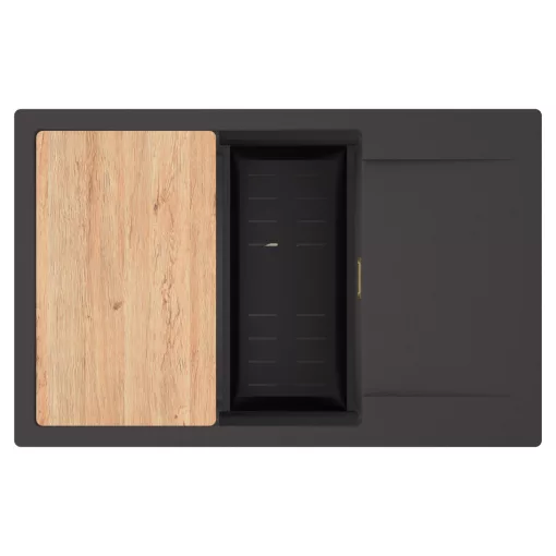 HD Onyx Antracit 78-XL egymedencés gránit mosogatótálca szett, csepegtetőtálcával, vágódeszkával, matt fekete csepegtetőkosárral, matt antracit színben, szálcsiszolt arany leeresztő szifonnal