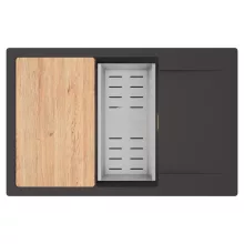 HD Onyx Antracit 78-XL egymedencés gránit mosogatótálca szett, csepegtetőtálcával, vágódeszkával, acél csepegtetőkosárral, matt antracit színben, szálcsiszolt arany leeresztő szifonnal