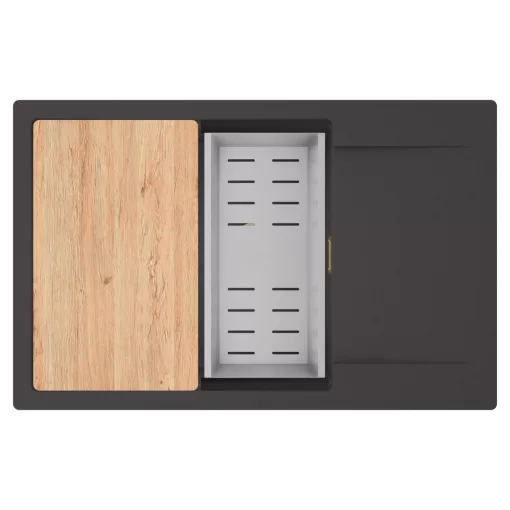 HD Onyx Antracit 78-XL egymedencés gránit mosogatótálca szett, csepegtetőtálcával, vágódeszkával, acél csepegtetőkosárral, matt antracit színben, szálcsiszolt arany leeresztő szifonnal