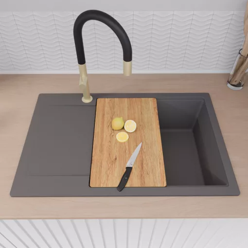 HD Onyx Antracit 78-XL egymedencés gránit mosogatótálca szett, csepegtetőtálcával, vágódeszkával, acél csepegtetőkosárral, matt antracit színben, szálcsiszolt arany leeresztő szifonnal
