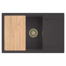 HD Onyx Antracit 78-XL egymedencés gránit mosogatótálca, vágódeszkával, matt antracit színben, szálcsiszolt arany leeresztő szifonnal