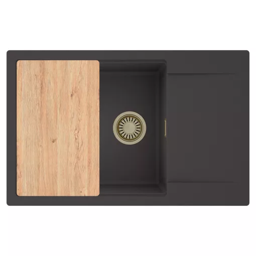 HD Onyx Antracit 78-XL egymedencés gránit mosogatótálca, vágódeszkával, matt antracit színben, szálcsiszolt arany leeresztő szifonnal