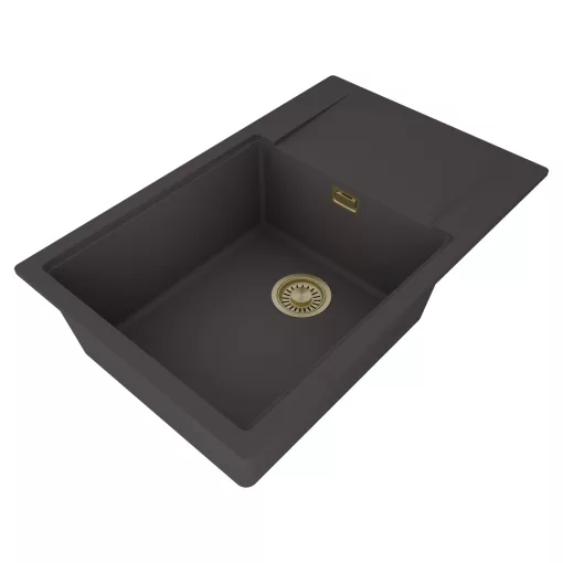 HD Onyx Antracit 78-XL egymedencés gránit mosogatótálca, vágódeszkával, matt antracit színben, szálcsiszolt arany leeresztő szifonnal