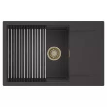 HD Onyx Antracit 78-XL egymedencés mosogatótálca szett, acél csepegtetőráccsal, csepegtetőtálcával, matt antracit színben, szálcsiszolt arany leeresztő szifonnal