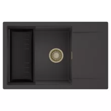 HD Onyx Antracit 78-XL egymedencés mosogatótálca szett, matt fekete csepegtetőkosárral, csepegtetőtálcával, matt antracit színben, szálcsiszolt arany leeresztő szifonnal