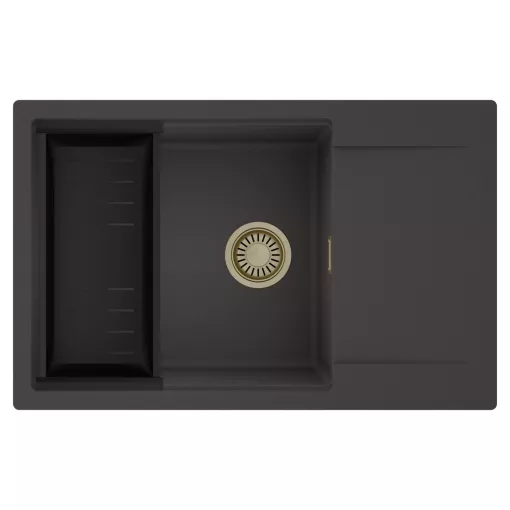 HD Onyx Antracit 78-XL egymedencés mosogatótálca szett, matt fekete csepegtetőkosárral, csepegtetőtálcával, matt antracit színben, szálcsiszolt arany leeresztő szifonnal