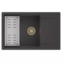 HD Onyx Antracit 78-XL egymedencés mosogatótálca szett, acél csepegtetőkosárral, csepegtetőtálcával, matt antracit színben, szálcsiszolt arany leeresztő szifonnal