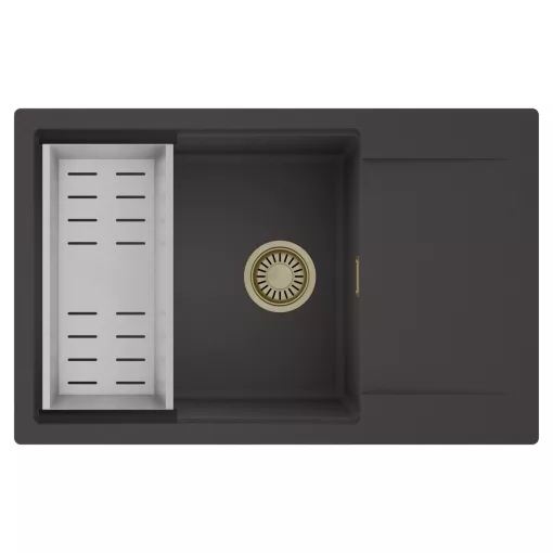 HD Onyx Antracit 78-XL egymedencés mosogatótálca szett, acél csepegtetőkosárral, csepegtetőtálcával, matt antracit színben, szálcsiszolt arany leeresztő szifonnal