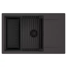 HD Onyx Antracit 78-XL egymedencés mosogatótálca szett, matt fekete csepegtetőráccsal és kosárral, csepegtetőtálcával, matt antracit színben, matt fekete leeresztő szifonnal