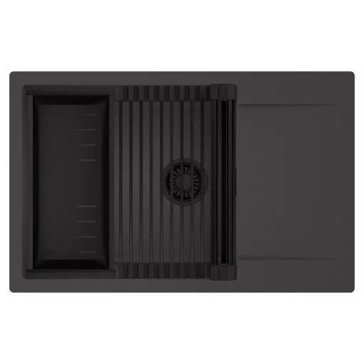 HD Onyx Antracit 78-XL egymedencés mosogatótálca szett, matt fekete csepegtetőráccsal és kosárral, csepegtetőtálcával, matt antracit színben, matt fekete leeresztő szifonnal