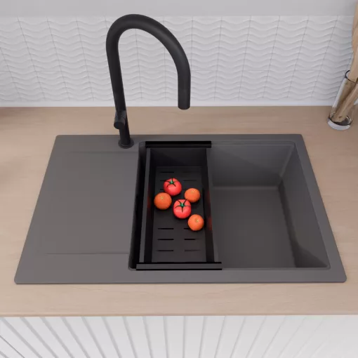 HD Onyx Antracit 78-XL egymedencés mosogatótálca szett, matt fekete csepegtetőráccsal és kosárral, csepegtetőtálcával, matt antracit színben, matt fekete leeresztő szifonnal