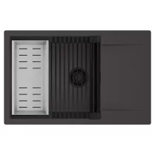 HD Onyx Antracit 78-XL egymedencés mosogatótálca szett, matt fekete csepegtetőráccsal és krómozott kosárral, csepegtetőtálcával, matt antracit színben, matt fekete leeresztő szifonnal