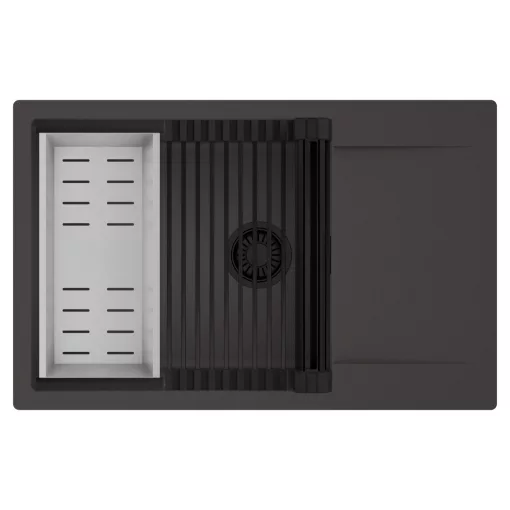 HD Onyx Antracit 78-XL egymedencés mosogatótálca szett, matt fekete csepegtetőráccsal és krómozott kosárral, csepegtetőtálcával, matt antracit színben, matt fekete leeresztő szifonnal