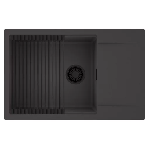 HD Onyx Antracit 78-XL egymedencés mosogatótálca szett, matt fekete csepegtetőráccsal, csepegtetőtálcával, matt antracit színben, matt fekete leeresztő szifonnal