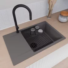 HD Onyx Antracit 78-XL egymedencés mosogatótálca szett, matt fekete csepegtetőráccsal, csepegtetőtálcával, matt antracit színben, matt fekete leeresztő szifonnal