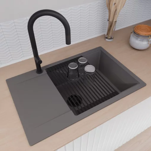 HD Onyx Antracit 78-XL egymedencés mosogatótálca szett, matt fekete csepegtetőráccsal, csepegtetőtálcával, matt antracit színben, matt fekete leeresztő szifonnal