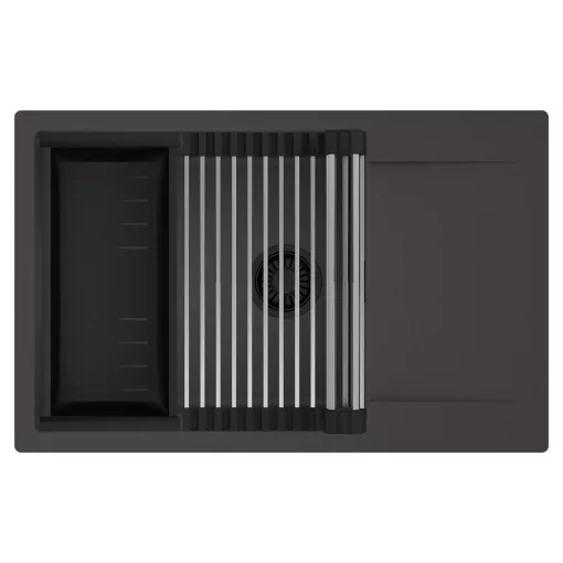 HD Onyx Antracit 78-XL egymedencés mosogatótálca szett, acél csepegtetőráccsal és matt fekete kosárral, csepegtetőtálcával, matt antracit színben, matt fekete leeresztő szifonnal