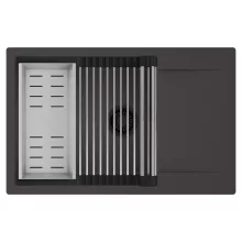 HD Onyx Antracit 78-XL egymedencés mosogatótálca szett, acél csepegtetőráccsal és kosárral, csepegtetőtálcával, matt antracit színben, matt fekete leeresztő szifonnal