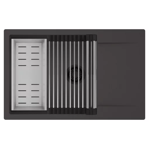 HD Onyx Antracit 78-XL egymedencés mosogatótálca szett, acél csepegtetőráccsal és kosárral, csepegtetőtálcával, matt antracit színben, matt fekete leeresztő szifonnal