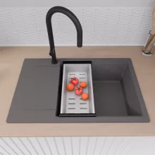 HD Onyx Antracit 78-XL egymedencés mosogatótálca szett, acél csepegtetőráccsal és kosárral, csepegtetőtálcával, matt antracit színben, matt fekete leeresztő szifonnal