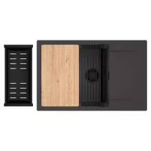 HD Onyx Antracit 78-XL egymedencés gránit mosogatótálca szett, csepegtetőtálcával, vágódeszkával, matt fekete csepegtetőráccsal és kosárral, matt antracit színben, matt fekete leeresztő szifonnal