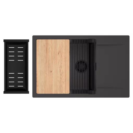 HD Onyx Antracit 78-XL egymedencés gránit mosogatótálca szett, csepegtetőtálcával, vágódeszkával, matt fekete csepegtetőráccsal és kosárral, matt antracit színben, matt fekete leeresztő szifonnal