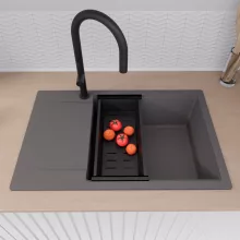 HD Onyx Antracit 78-XL egymedencés gránit mosogatótálca szett, csepegtetőtálcával, vágódeszkával, matt fekete csepegtetőráccsal és kosárral, matt antracit színben, matt fekete leeresztő szifonnal