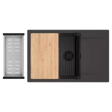 HD Onyx Antracit 78-XL egymedencés gránit mosogatótálca szett, csepegtetőtálcával, vágódeszkával, matt fekete csepegtetőráccsal és krómozott kosárral, matt antracit színben, matt fekete leeresztő szifonnal