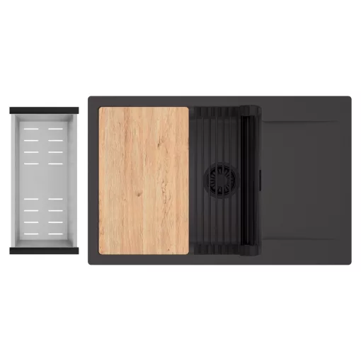 HD Onyx Antracit 78-XL egymedencés gránit mosogatótálca szett, csepegtetőtálcával, vágódeszkával, matt fekete csepegtetőráccsal és krómozott kosárral, matt antracit színben, matt fekete leeresztő szifonnal