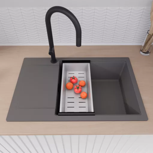 HD Onyx Antracit 78-XL egymedencés gránit mosogatótálca szett, csepegtetőtálcával, vágódeszkával, matt fekete csepegtetőráccsal és krómozott kosárral, matt antracit színben, matt fekete leeresztő szifonnal