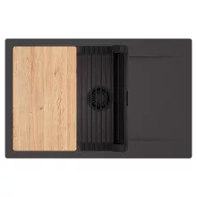 HD Onyx Antracit 78-XL egymedencés gránit mosogatótálca szett, csepegtetőtálcával, vágódeszkával, matt fekete csepegtetőráccsal, matt antracit színben, matt fekete leeresztő szifonnal