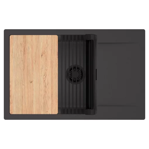 HD Onyx Antracit 78-XL egymedencés gránit mosogatótálca szett, csepegtetőtálcával, vágódeszkával, matt fekete csepegtetőráccsal, matt antracit színben, matt fekete leeresztő szifonnal