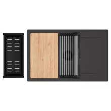 HD Onyx Antracit 78-XL egymedencés gránit mosogatótálca szett, csepegtetőtálcával, vágódeszkával, acél csepegtetőráccsal és matt fekete kosárral, matt antracit színben, matt fekete leeresztő szifonnal