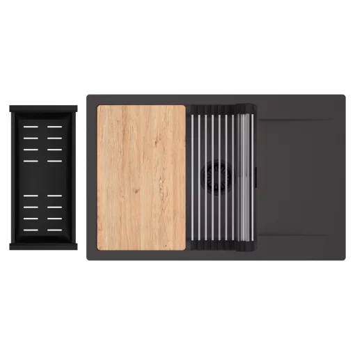 HD Onyx Antracit 78-XL egymedencés gránit mosogatótálca szett, csepegtetőtálcával, vágódeszkával, acél csepegtetőráccsal és matt fekete kosárral, matt antracit színben, matt fekete leeresztő szifonnal