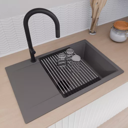 HD Onyx Antracit 78-XL egymedencés gránit mosogatótálca szett, csepegtetőtálcával, vágódeszkával, acél csepegtetőráccsal és matt fekete kosárral, matt antracit színben, matt fekete leeresztő szifonnal