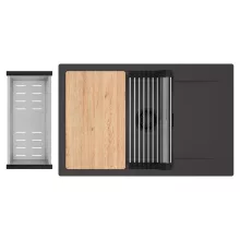 HD Onyx Antracit 78-XL egymedencés gránit mosogatótálca szett, csepegtetőtálcával, vágódeszkával, acél csepegtetőráccsal és kosárral, matt antracit színben, matt fekete leeresztő szifonnal